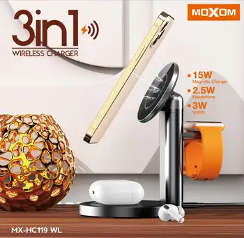 شارژر بی سیم 3کاره  موکسوم Moxom مدل MX-HC119 WL توان 15W