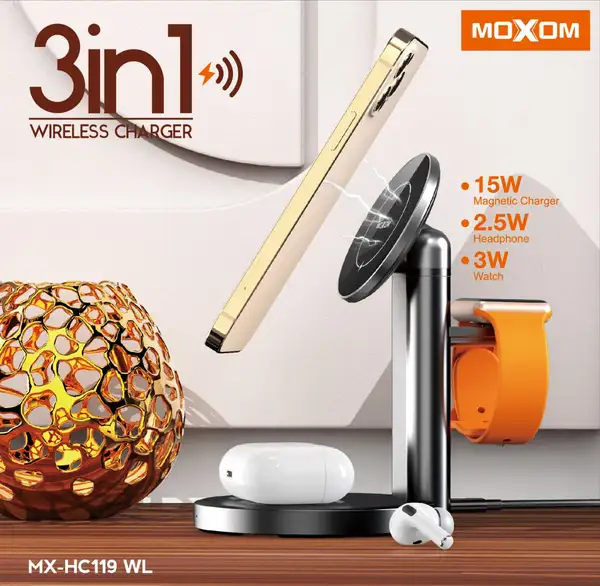 شارژر بی سیم 3کاره  موکسوم Moxom مدل MX-HC119 WL توان 15W